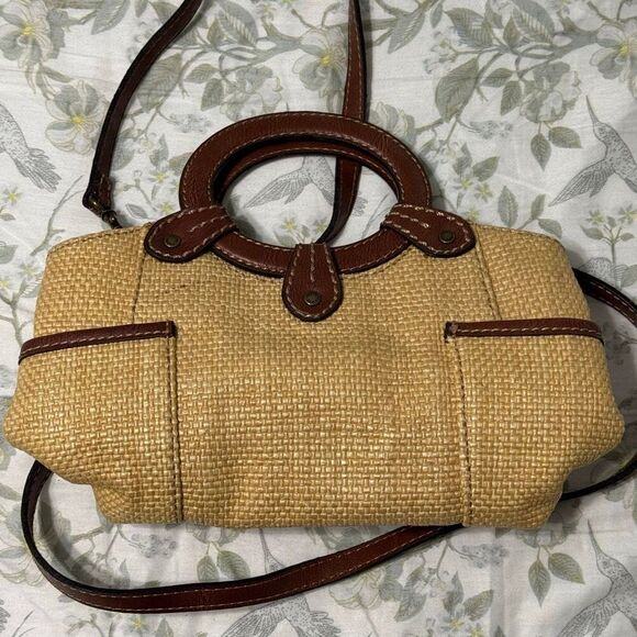 Fossil Vintage Cottage Straw Embroidered Flowers Leather Trim Mini Purse - Picture 4 of 6